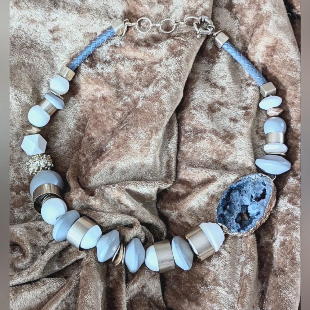 Gold Plated Agate Slab And Wooden Beaded Statement Necklace